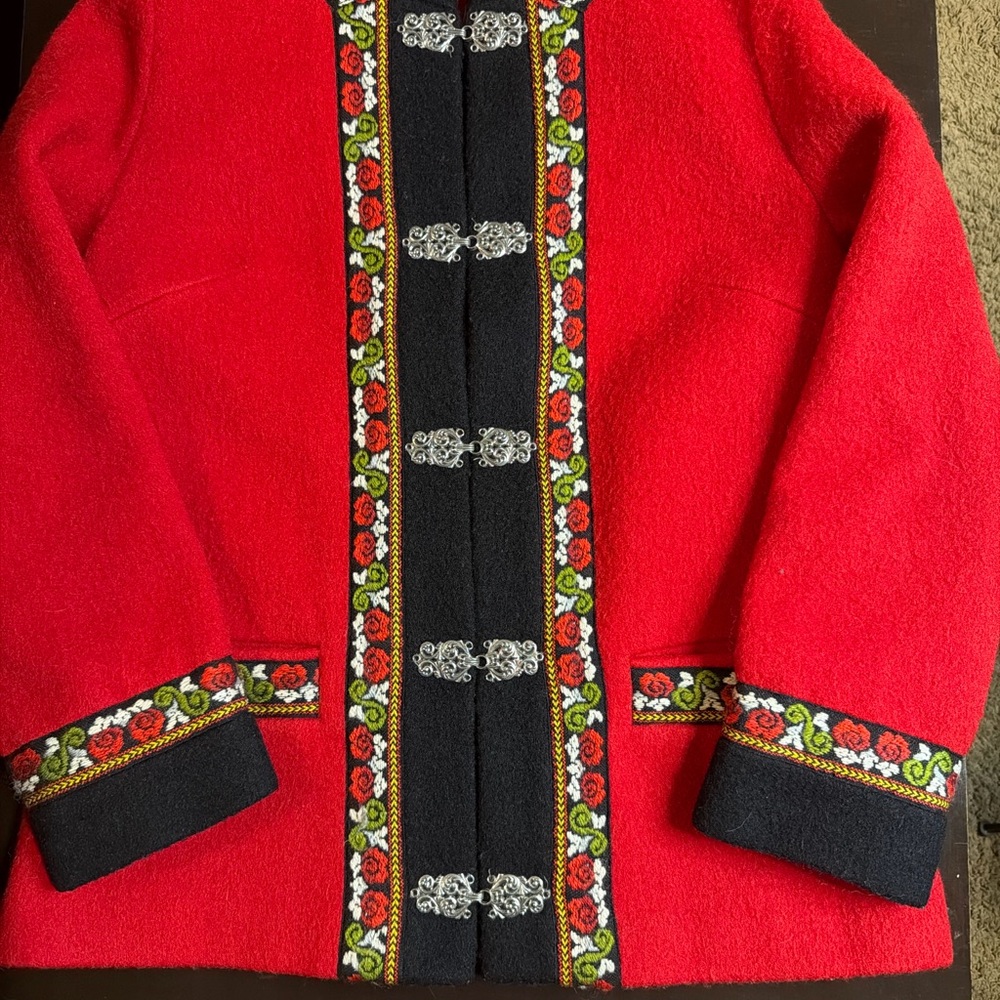 Fjord Fashion Norwegian Wool Jacket Red Embroidered Trim Nordic Coat Size 42